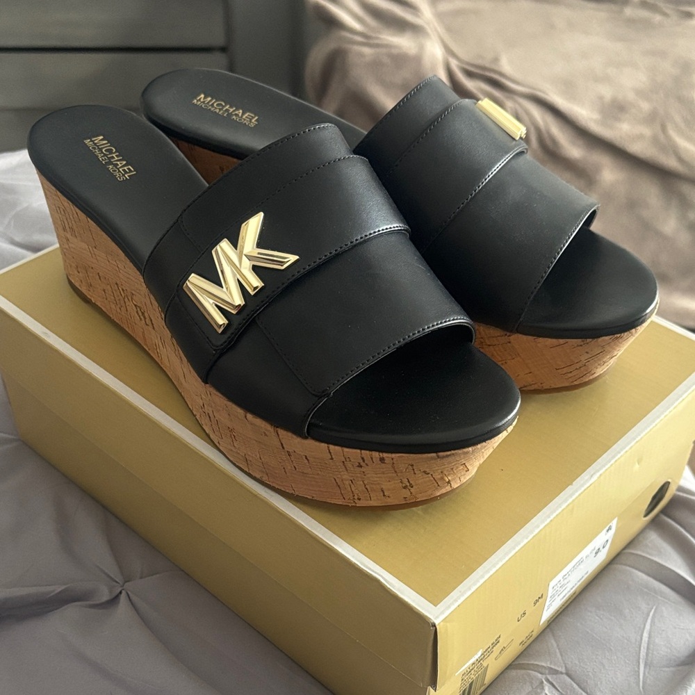 Michael Kors Black and Gold Wedge Sandals